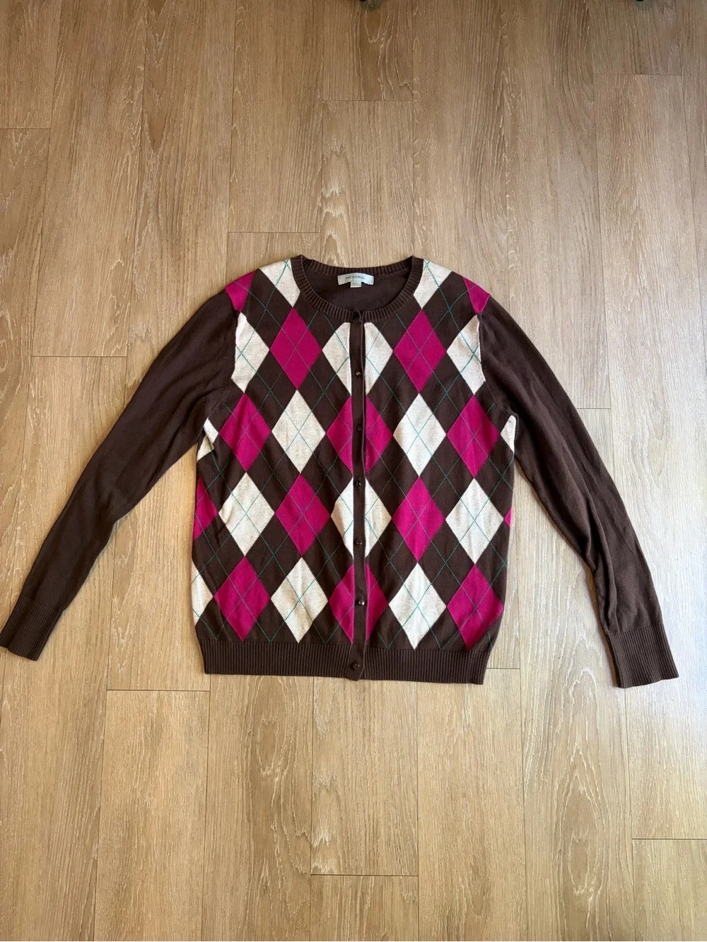 Merona Cotton Brown & Pink Argyle Button-Up Cardigan